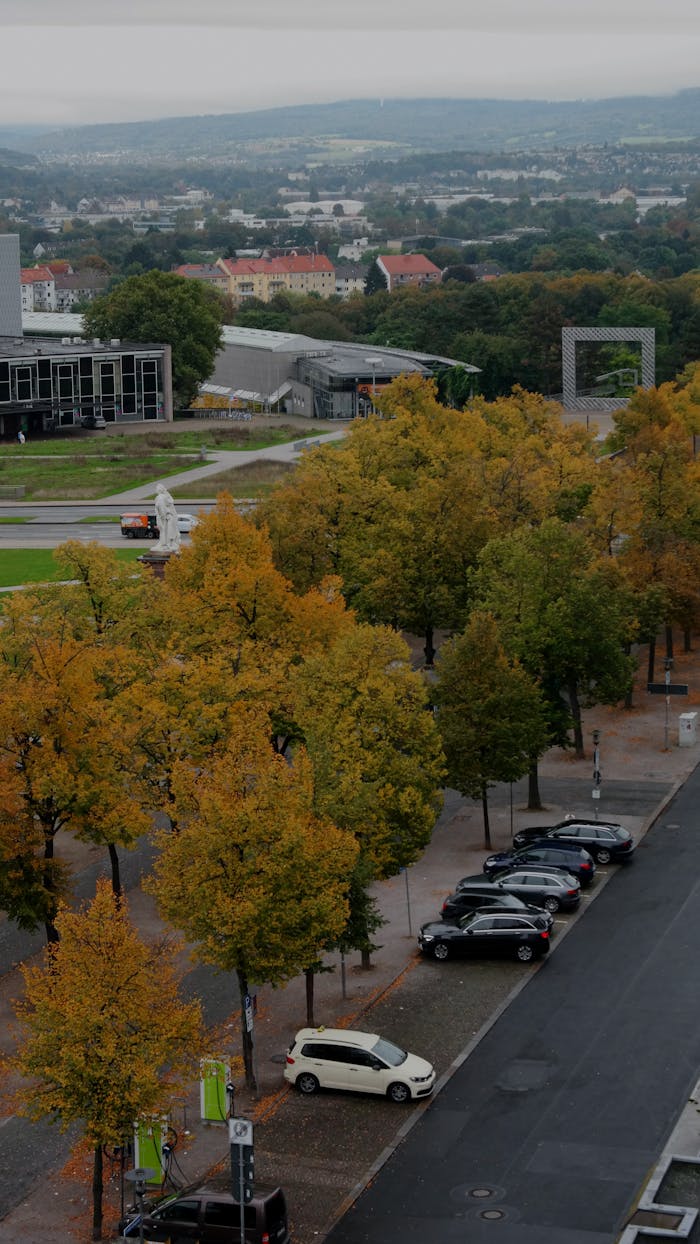 Aerial view of a city park in autumn with colorful trees and modern architecture.
